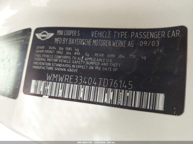 2004 MINI COOPER S WMWRE33404TD76145 Photo 8