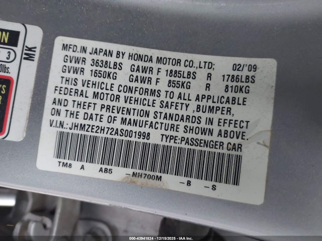 2010 HONDA INSIGHT JHMZE2H72AS001998 Photo 8