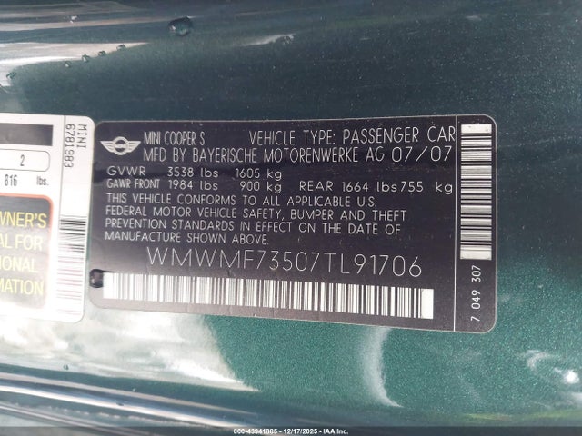 2007 MINI COOPER S WMWMF73507TL91706 Photo 8
