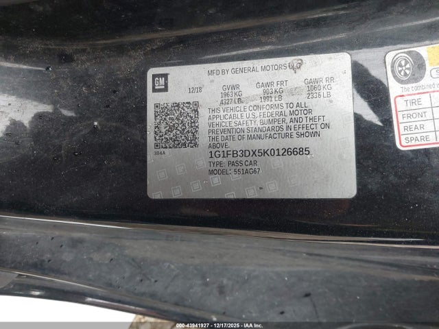 43941927 :رقم المزاد ، 1G1FB3DX5K0126685 vin ، 2019 Chevrolet Camaro 1lt مزاد بيع