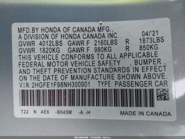 2022 HONDA CIVIC 2HGFE1F98NH300901 Photo 8