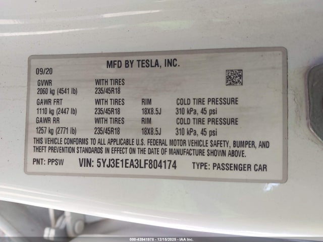 Продаж на аукціоні авто 2020 Tesla Model 3 Standard Range Plus Rear-wheel Drive/standard Range Rear-wheel Drive, vin: 5YJ3E1EA3LF804174, номер лоту: 43941978