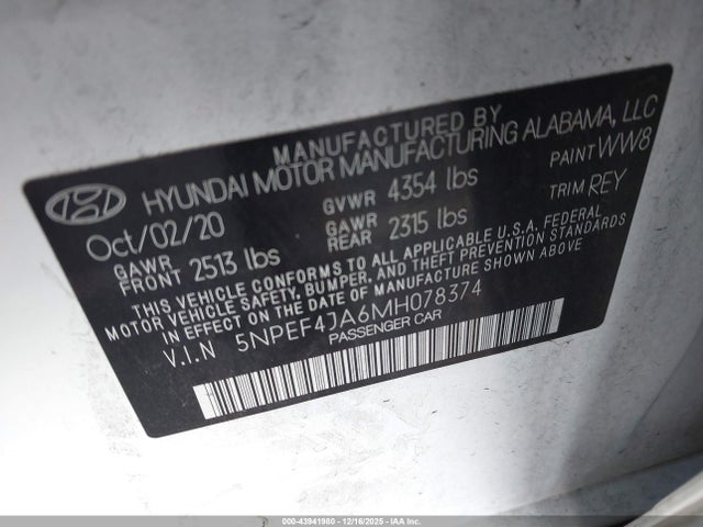 5NPEF4JA6MH078374 Hyundai SONATA SEL