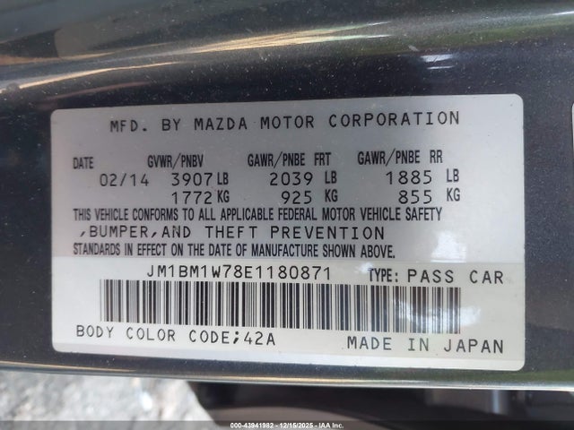 43941982 :رقم المزاد ، JM1BM1W78E1180871 vin ، 2014 Mazda Mazda3 I Grand Touring مزاد بيع