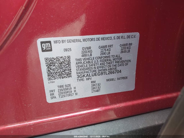Продаж на аукціоні авто 2026 Gmc Terrain Awd Elevation, vin: 3GKALUEG9TL266704, номер лоту: 43942040