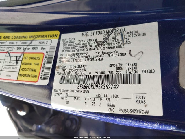 3FA6P0RU9ER362742 Ford Fusion Hybrid Titanium