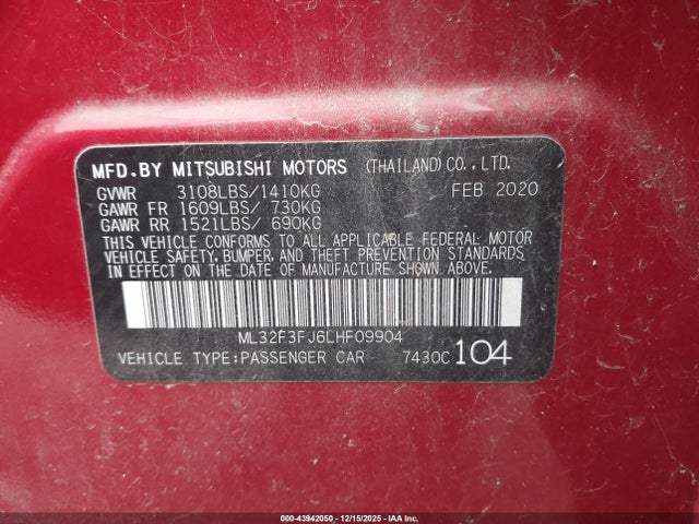 Aukcja sprzedaży 2020 Mitsubishi Mirage G4 Es, vin: ML32F3FJ6LHF09904, numer aukcji: 43942050