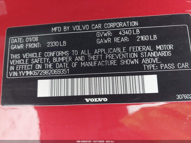 2008 Volvo C30 T5 R-design/t5 Version 1.0/t5 Version 2.0 მანქანა იყიდება აუქციონზე, vin: YV1MK672982069351, აუქციონის ნომერი: 43942103