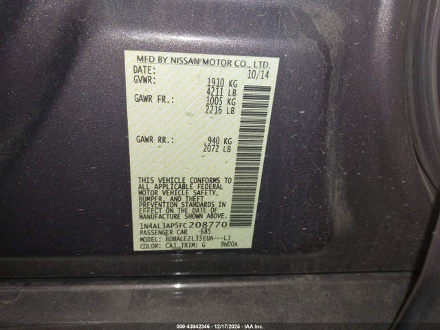 Nissan Altima 2.5 S 2015 1N4AL3AP5FC208770 Image 9