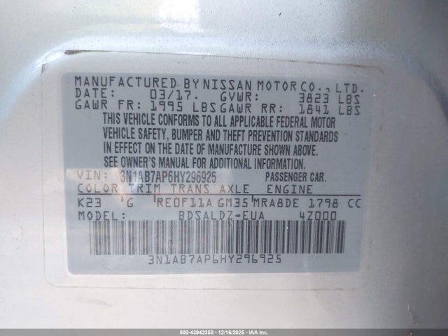 Продаж на аукціоні авто 2017 Nissan Sentra Sv, vin: 3N1AB7AP6HY296925, номер лоту: 43942350