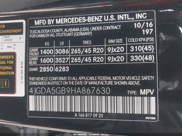 Aukcja sprzedaży 2017 Mercedes-benz Gle 400 4matic, vin: 4JGDA5GB9HA867630, numer aukcji: 43942606