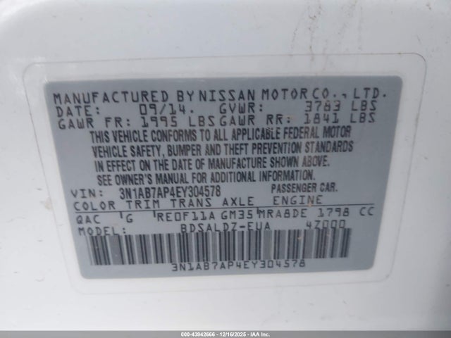 3N1AB7AP4EY304578 Nissan SENTRA SV