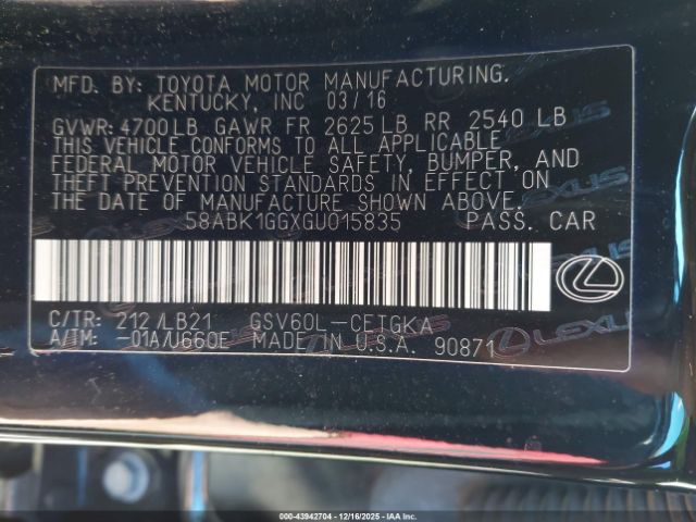 2016 LEXUS ES 350 58ABK1GGXGU015835 Photo 8