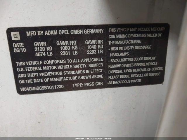 Продаж на аукціоні авто 2011 Buick Regal Cxl Russelsheim, vin: W04GU5GC5B1011230, номер лоту: 43942788