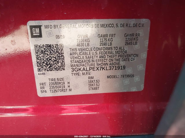 Aukcja sprzedaży 2019 Gmc Terrain Slt, vin: 3GKALPEX7KL371919, numer aukcji: 43942807