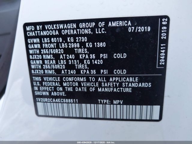 2019 VOLKSWAGEN ATLAS 1V2UR2CA4KC588511 Photo 8