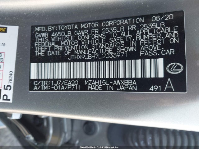 Продажа на аукционе авто 2020 Lexus Ux 250h, vin: JTHX9JBH7L2033971, номер лота: 43942848