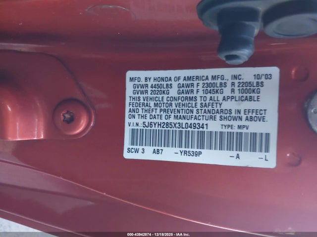 Aukcja sprzedaży 2003 Honda Element Ex, vin: 5J6YH285X3L049341, numer aukcji: 43942874