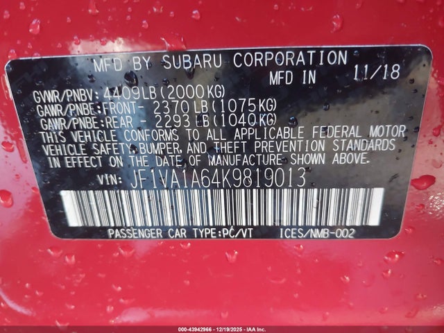 Subaru WRX 2019 JF1VA1A64K9819013 Image 9