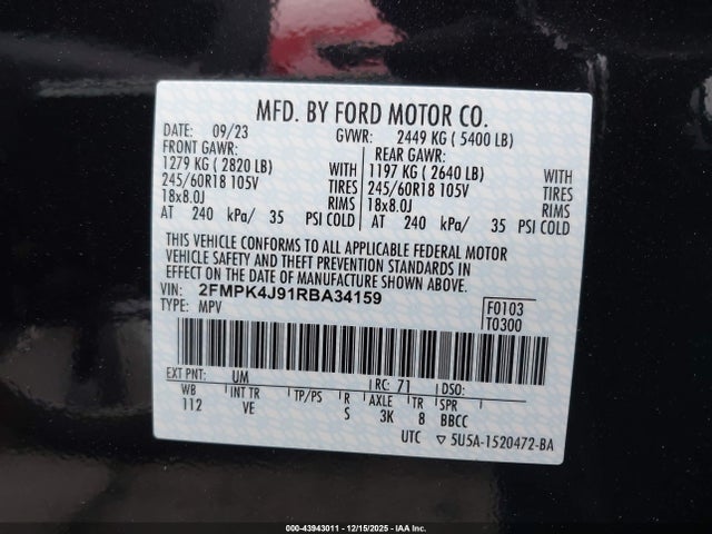 2FMPK4J91RBA34159 Ford EDGE SEL