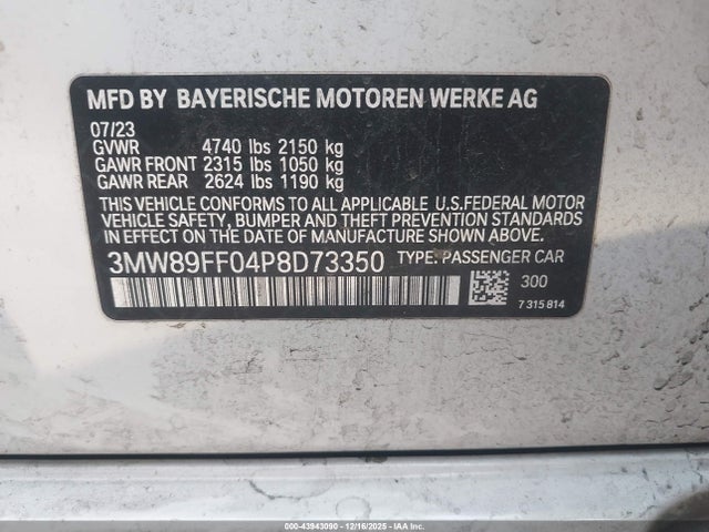 43943090 :رقم المزاد ، 3MW89FF04P8D73350 vin ، 2023 Bmw 330i Xdrive مزاد بيع