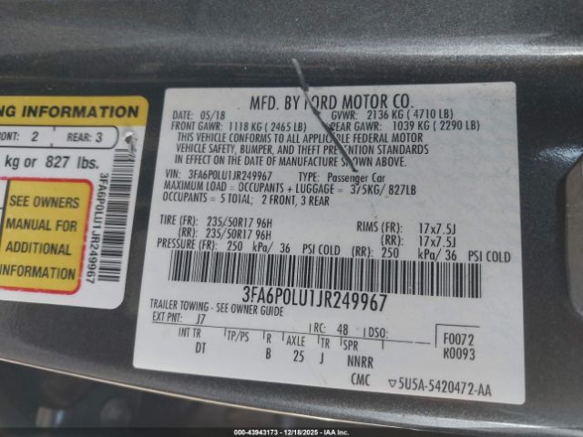2018 FORD FUSION HYBRID 3FA6P0LU1JR249967 Photo 8