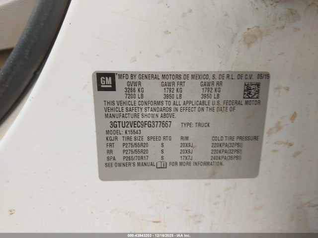Aukcja sprzedaży 2015 Gmc Sierra 1500 Slt, vin: 3GTU2VEC9FG377667, numer aukcji: 43943203