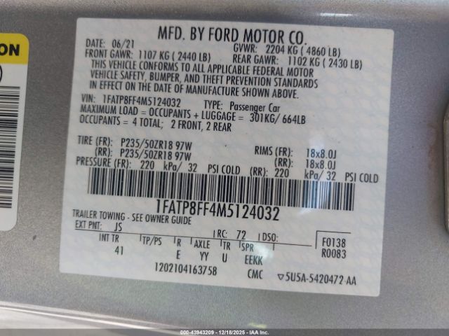 2021 FORD MUSTANG 1FATP8FF4M5124032 Photo 8