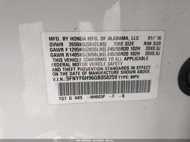 2016 HONDA PILOT 5FNYF6H96GB058259 Photo 8