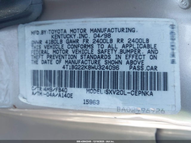 Aukcja sprzedaży 1998 Toyota Camry Le, vin: 4T1BG22K8WU324096, numer aukcji: 43943349