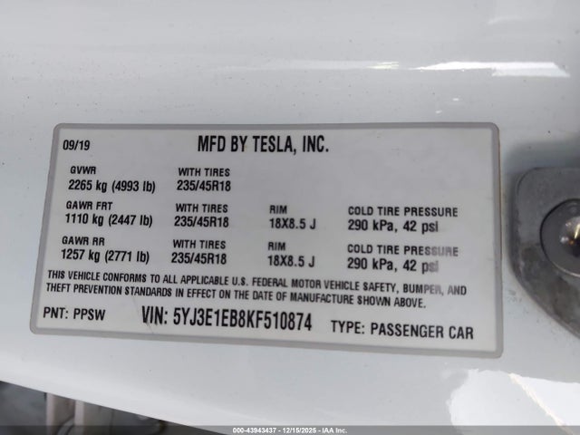 2019 TESLA MODEL 3 5YJ3E1EB8KF510874 Photo 8