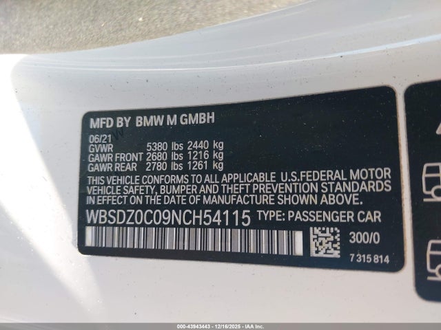 43943443 :رقم المزاد ، WBSDZ0C09NCH54115 vin ، 2022 Bmw M8 Cabriolet Competition مزاد بيع