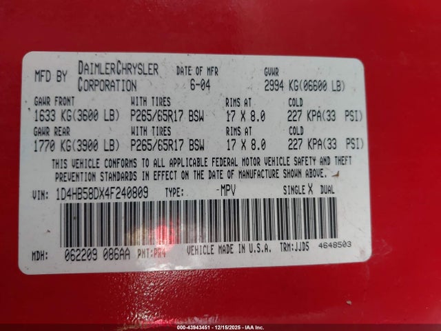 2004 DODGE DURANGO 1D4HB58DX4F240809 Photo 8