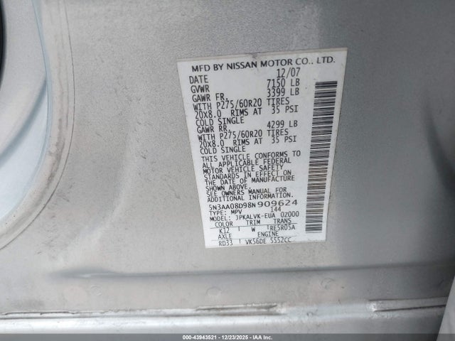 Продаж на аукціоні авто 2008 Infiniti Qx56, vin: 5N3AA08D98N909624, номер лоту: 43943521