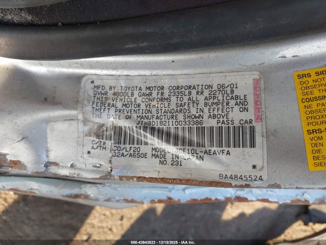 43943522 :رقم المزاد ، JTHBD182110033386 vin ، 2001 Lexus Is 300 مزاد بيع