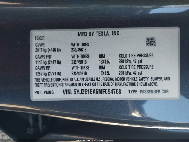 2021 TESLA MODEL 3 5YJ3E1EA6MF094768 Photo 8