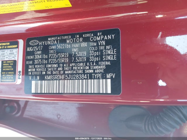 43943570 :رقم المزاد ، KM8SRDHF5JU283841 vin ، 2018 Hyundai Santa Fe Se Ultimate مزاد بيع