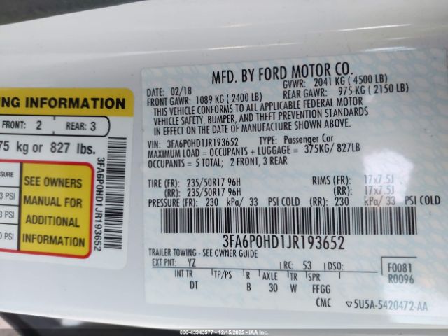 2018 FORD FUSION 3FA6P0HD1JR193652 Photo 8