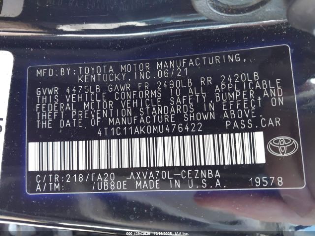 2021 TOYOTA CAMRY 4T1C11AK0MU476422 Photo 8