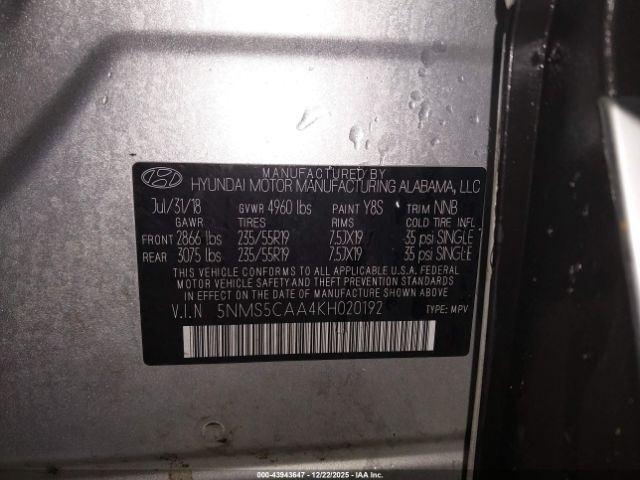 2019 HYUNDAI SANTA FE 5NMS5CAA4KH020192 Photo 8