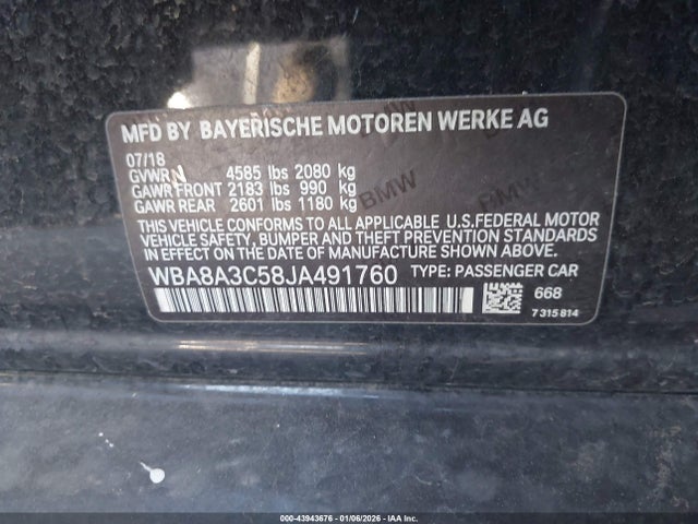 43943676 :رقم المزاد ، WBA8A3C58JA491760 vin ، 2018 Bmw 320i Xdrive مزاد بيع