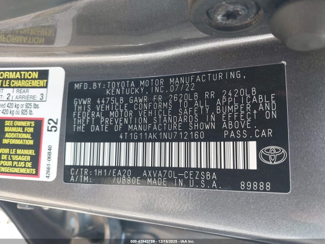 4T1G11AK1NU712160 Toyota CAMRY SE