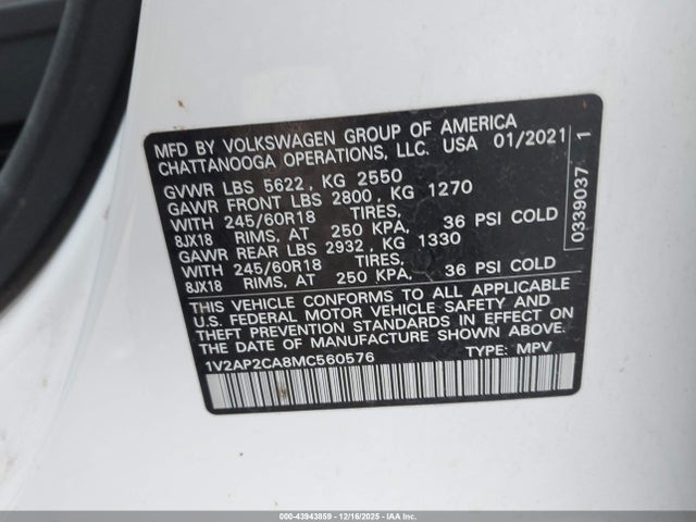 2021 Volkswagen Atlas 2.0t S მანქანა იყიდება აუქციონზე, vin: 1V2AP2CA8MC560576, აუქციონის ნომერი: 43943859