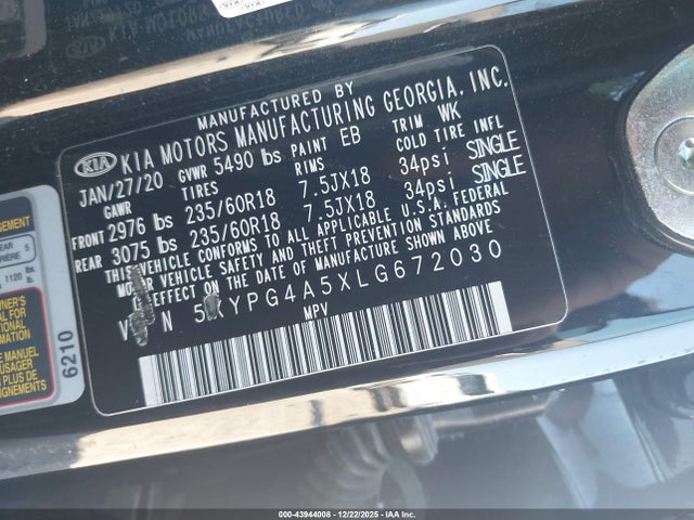 43944008 :رقم المزاد ، 5XYPG4A5XLG672030 vin ، 2020 Kia Sorento 3.3l Lx مزاد بيع
