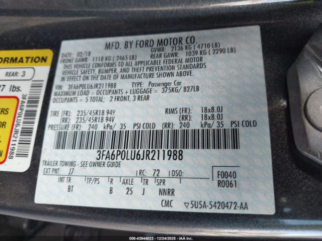 2018 FORD FUSION HYBRID 3FA6P0LU6JR211988 Photo 8