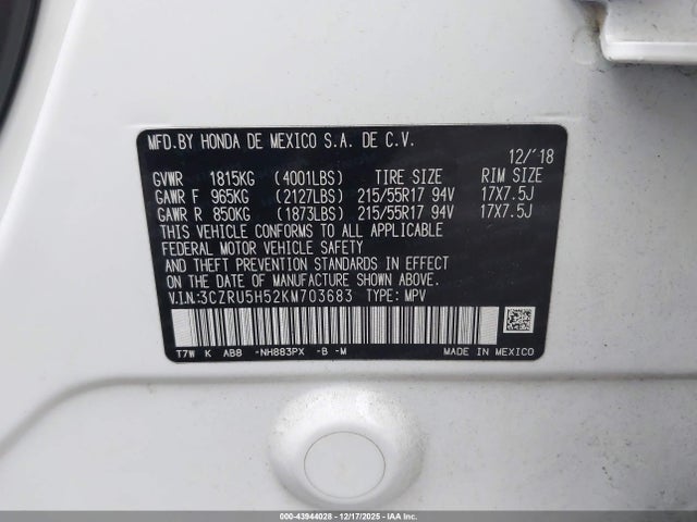 3CZRU5H52KM703683 Honda HR-V EX