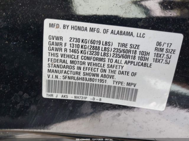 2018 HONDA ODYSSEY 5FNRL6H89JB011951 Photo 8