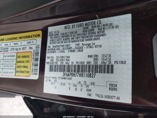 Ford FUSION SE 2017 3FA6P0H77HR110827 Image 9