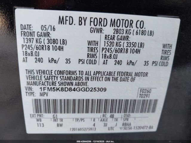 2016 FORD EXPLORER 1FM5K8D84GGD25309 Photo 8
