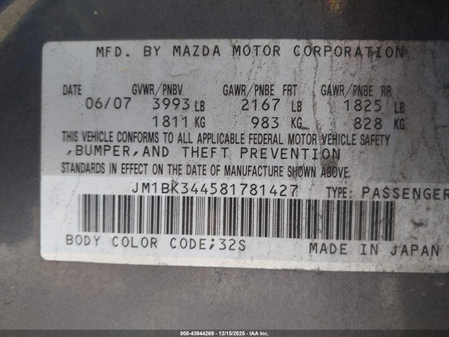 2008 Mazda Mazda3 S Sport მანქანა იყიდება აუქციონზე, vin: JM1BK344581781427, აუქციონის ნომერი: 43944269